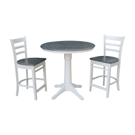 International Concepts Round 36 in Rd Ped Gathering Ht Table, 2 Emily Stools, White/Heather Gray, 36 in W, 36 in L, Wood K05-36RT-27B-S6172-2